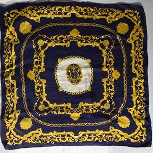 FABERGE Large 100% Silk Scarf 32”x32” Navy Blue & Gold Square Baroque Print